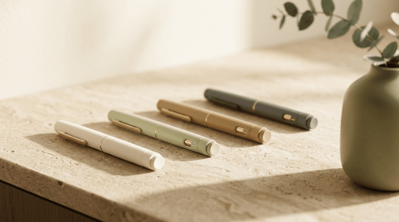 Four injection pens in cream, sage, tan, and charcoal arranged on a warm stone counter with a small sage vase