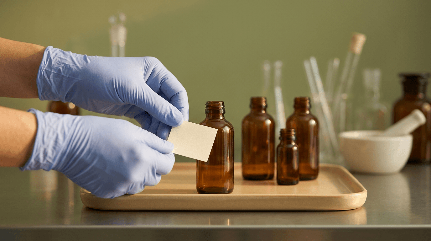 Gloved hands labeling a small amber pharmaceutical vial on a warm beige tray with blurred lab glassware in the background