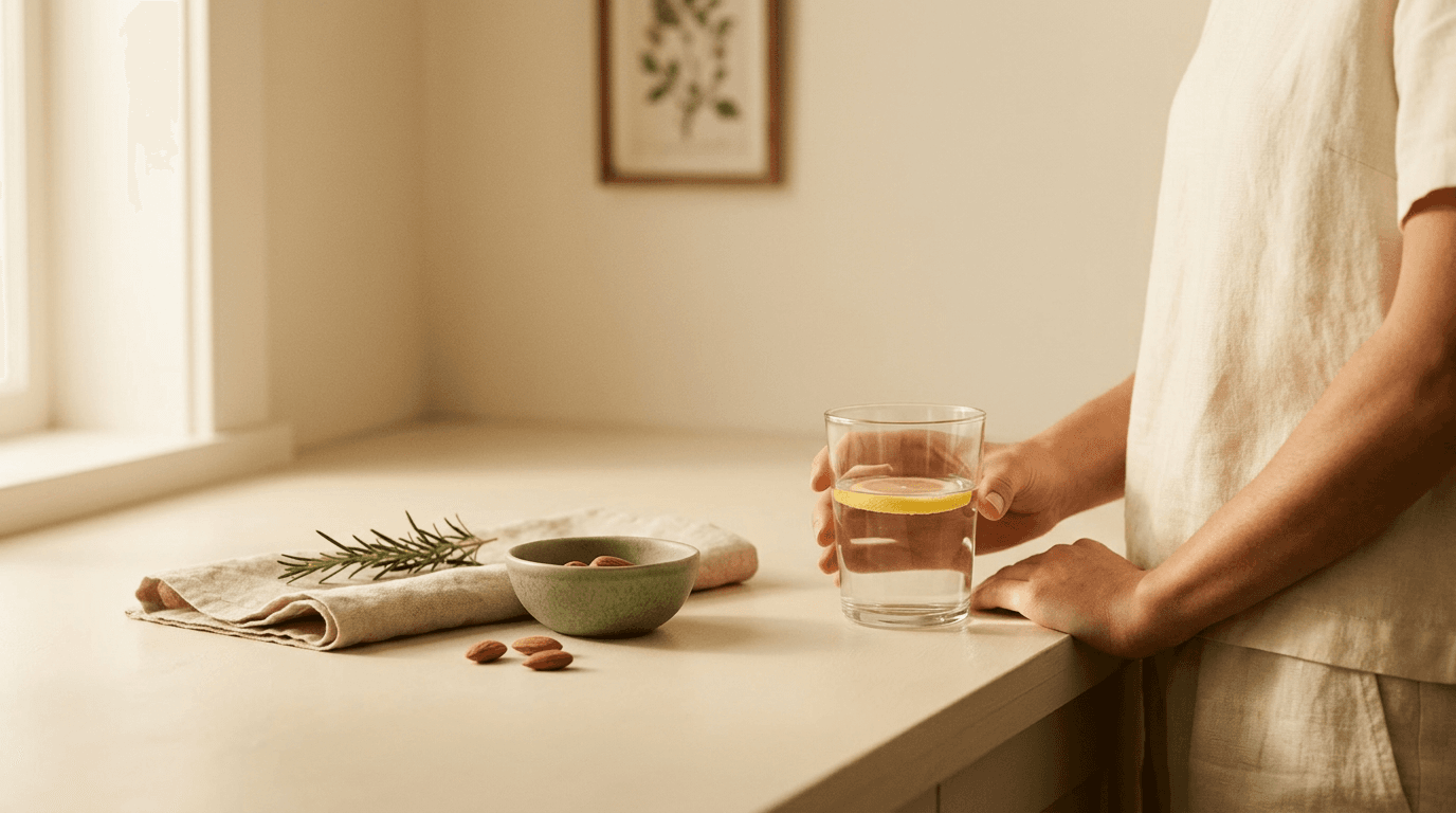 Person in soft cream linen holding a glass of water with lemon at a warm-lit kitchen counter with a sage ceramic bowl