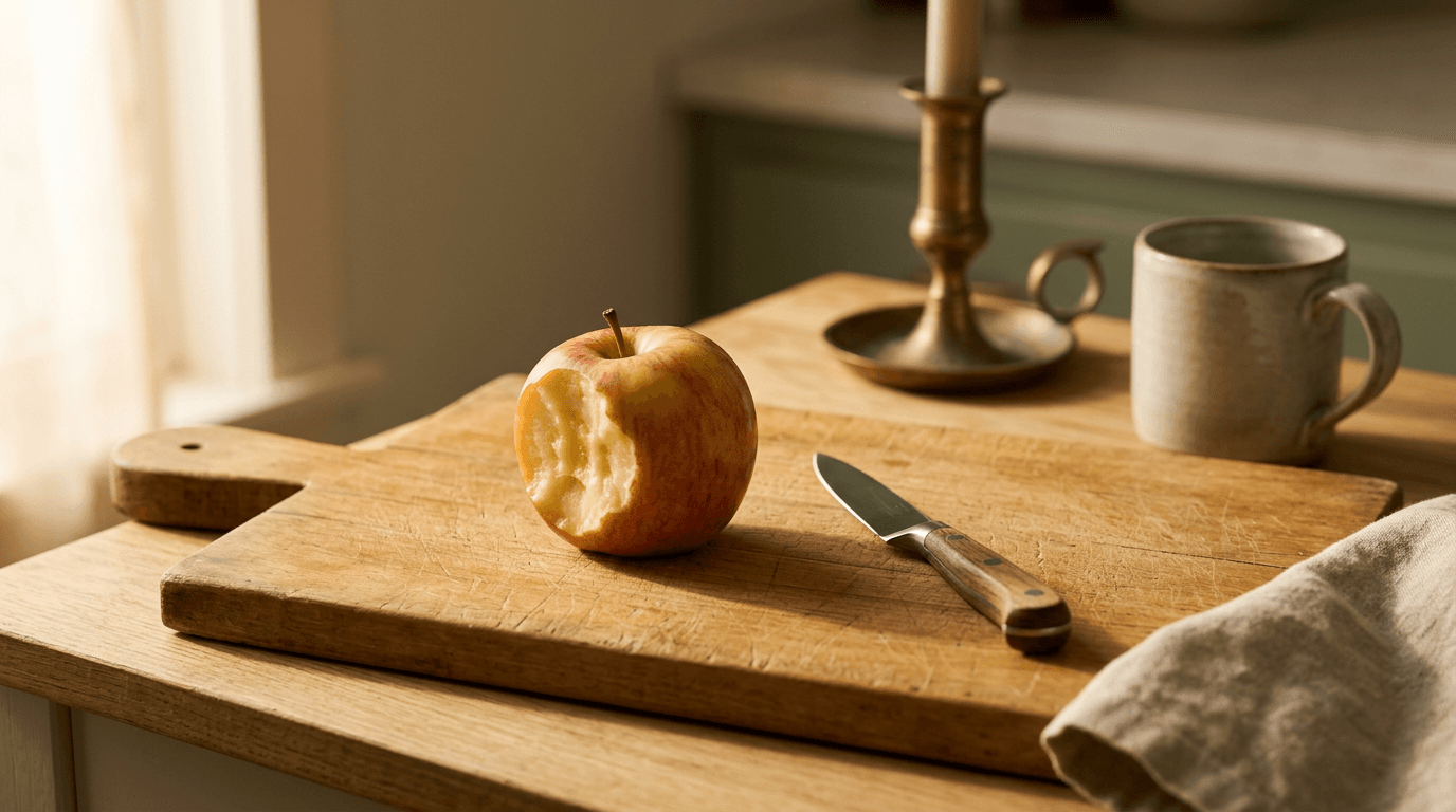 A half-eaten apple on a warm-wood cutting board at a quiet kitchen counter at first light