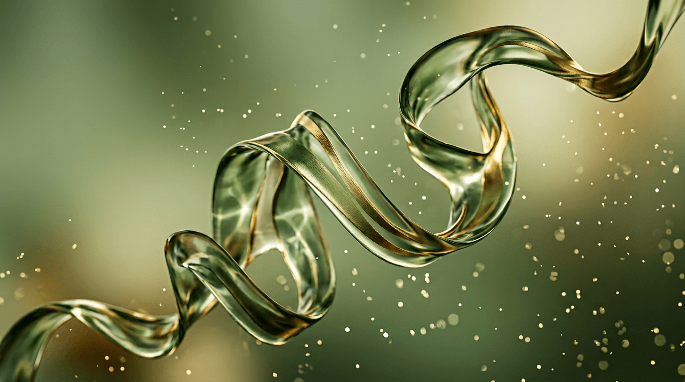 Abstract sage-green and gold translucent sculptural ribbon suggesting a peptide chain, soft backlit