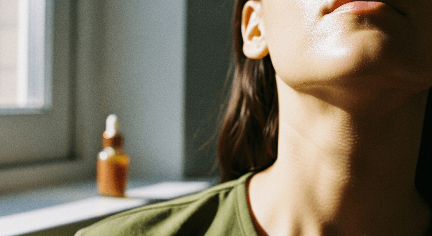 Abstract copper-toned translucent tripeptide structure with metallic highlights, warm aesthetic lighting