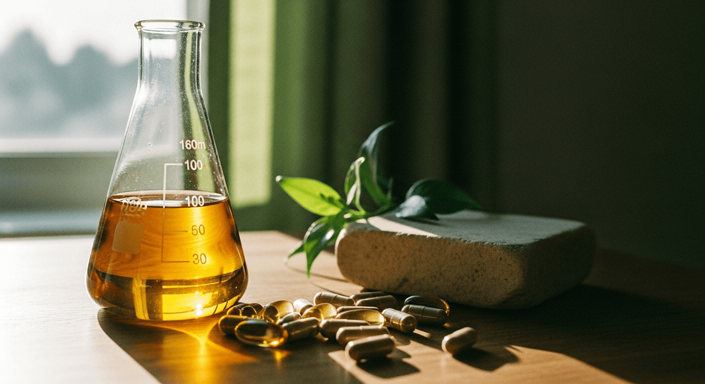 Warm editorial photograph of golden amber liquid in a glass vial on a marble surface with soft morning light, suggesting cellular vitality and longevity science