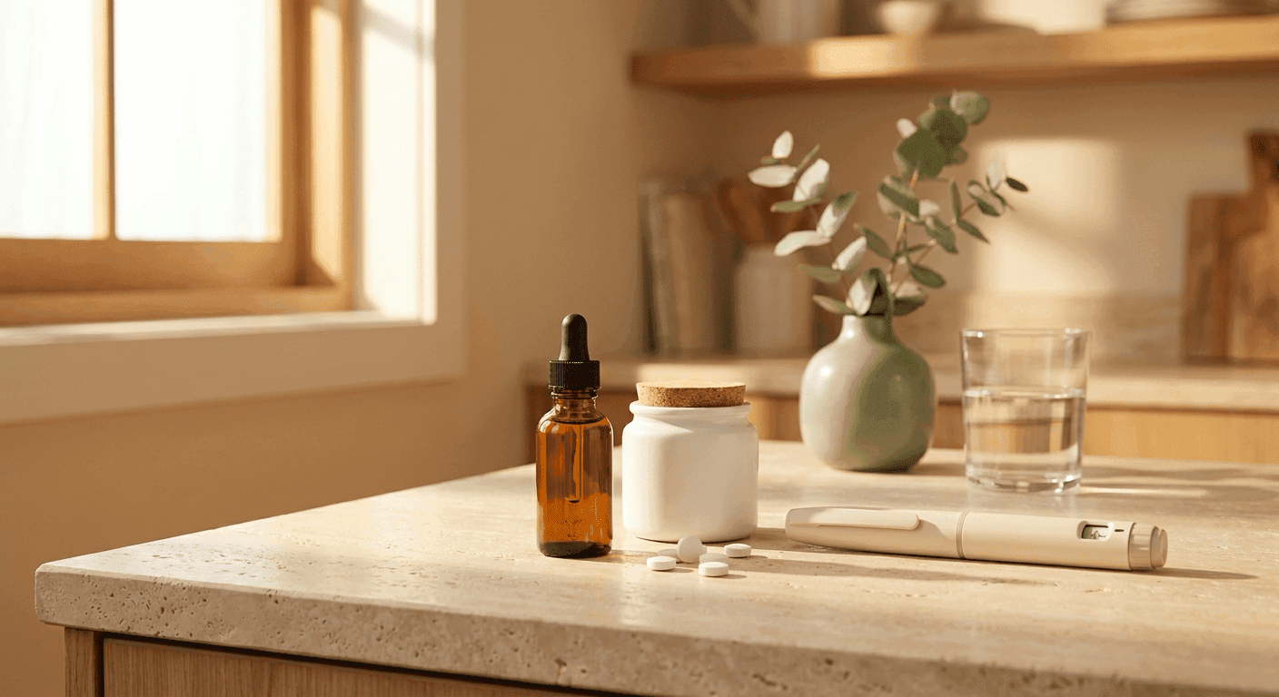 A small injection pen, a tablet bottle, and sublingual drops arranged on a bright, clean desk with morning light